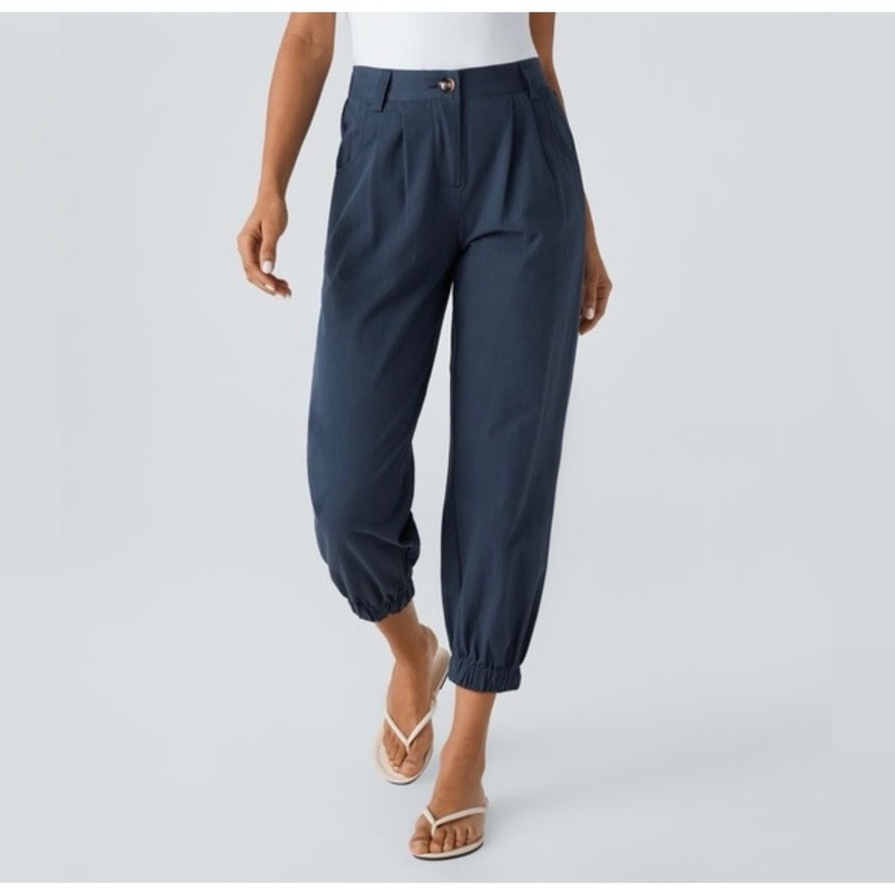 NWT HALARA Mid Rise Zipper Pocket Casual Cotton Joggers Navy Blue Size Medium